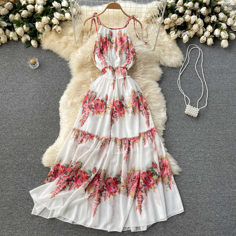 

Summer Bohemian White Printed Halter Spaghetti Strap Long Dress Women Sexy High Waist Vacation Beach Vestidos Female 2021 New Y0603