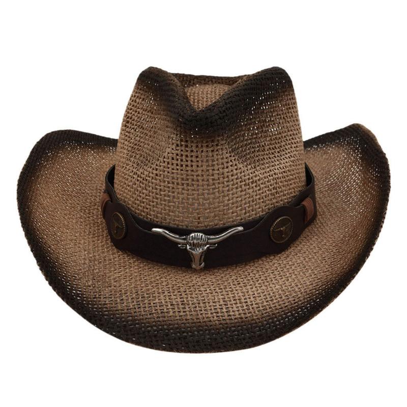 

Wide Brim Hats Men Ladies Visor Hat For Summer Travel Sunblock Western Cowboy Hand-woven Straw Hollow Out Retro Leather Belt Cap, Coffee