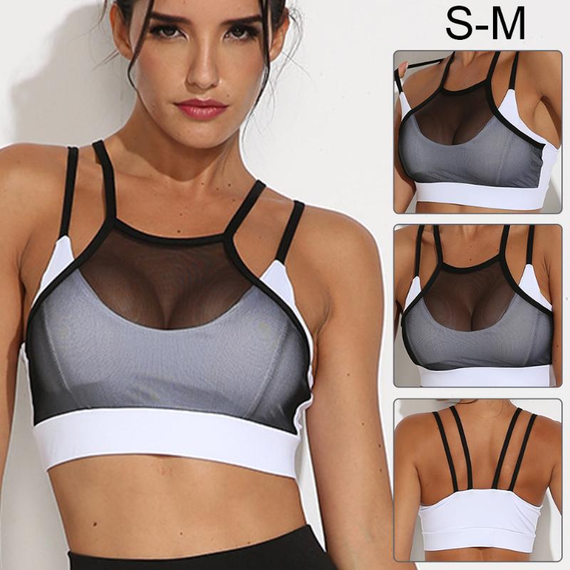 

Yoga Outfit Women's Sports Bra Underwear Padded Workout Gym Top Black Mesh Breathable Fitness Running Cycling