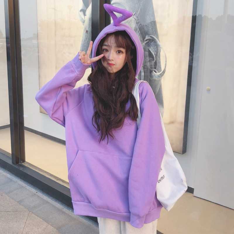 

Fashion Kawaii solid hooded sweatshirt winter loose Korean Harajuku thickening plus velvet casual female 210608, Yellow