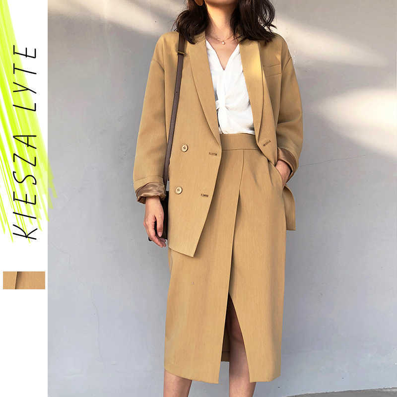

Women Business Suits with Skirt Spring Summer Casual Blazer And Slit Set Two Pieces Sets High Quality 210608
