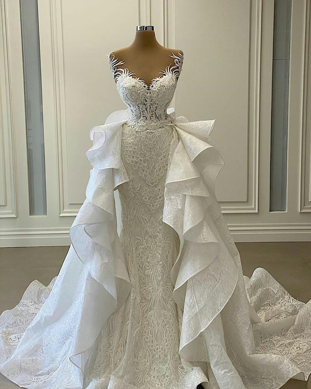 

2021 Luxury Mermaid Wedding Dresses Overskirts Bride Gowns Jewel Neck Illusion Full Lace Plus Size Detachable Train Ruffles Trumpet Vestidos de novia, White