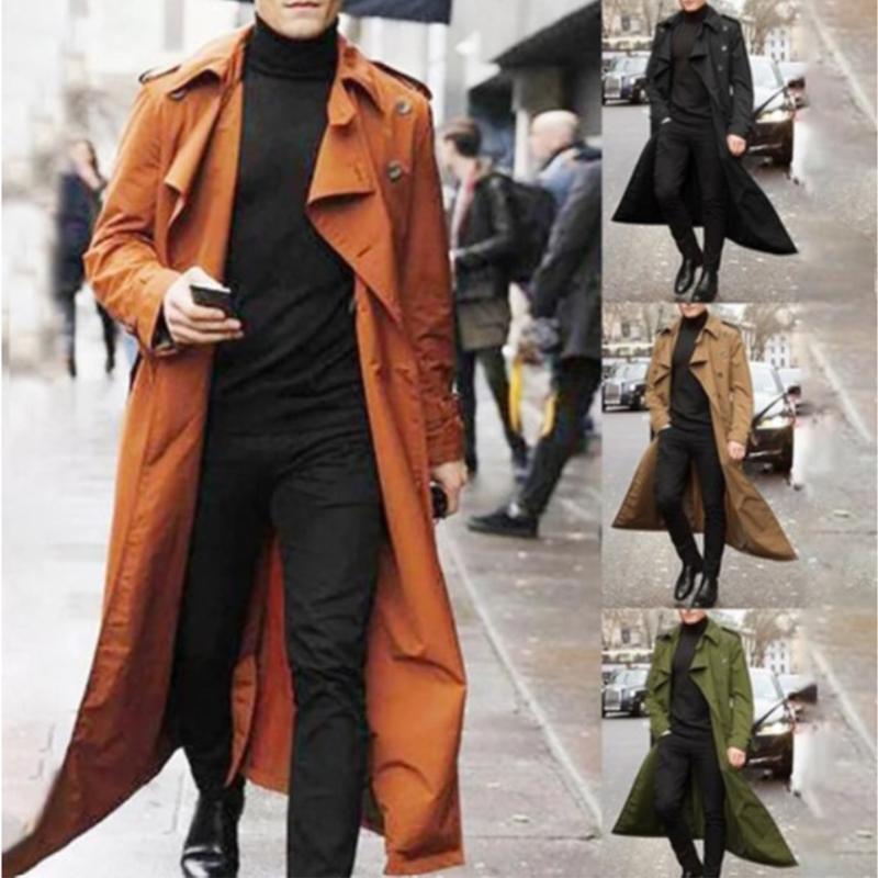 

Men's Trench Coats SzwMen Overcoat Vintage Long Coat Men Double Breasted Jacket Mens Business Black Solid Windbreak Outwear