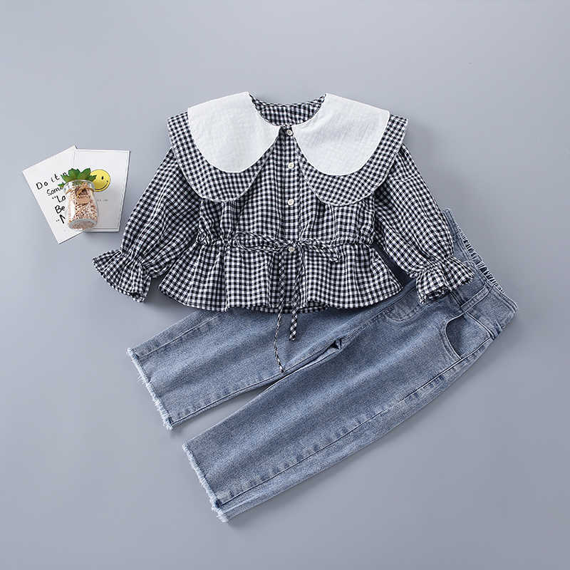 

2-7 Years High Quality Spring Girl Clothing Set Fashion Casual Plaid Shirt + Jeans Kid Children Girls 210615, Black