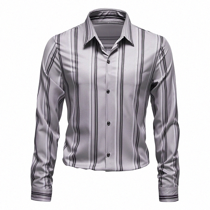 Chemise Hommes à rayures cols classiques quotidiennes manches longues à manches longues décontractées grises grises bleu marine Q4SR #