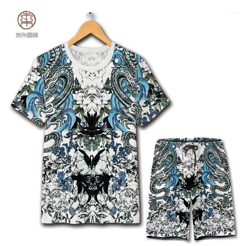 

Men's Tracksuits Chinese Style Exquisite Floral 3D Printing Fashion T Shirt And Shorts Suit Summer 2021 Hollow Breathable Quality Mens Short, Gray
