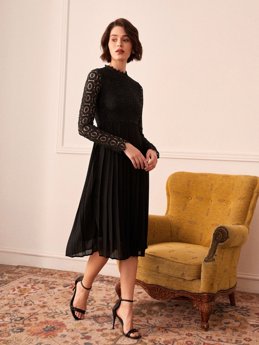 

1pc Fold Pleated Hem Guipure Lace Dress h4hZ#, Black
