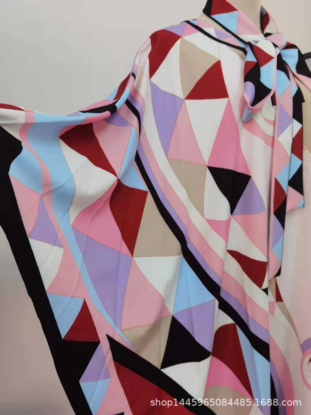 

Spring Summer Office Lady Pink Cotton Waist Geometric Printing Bow Batwing Sleeve A-Line Dresses Women 210615, Photo color