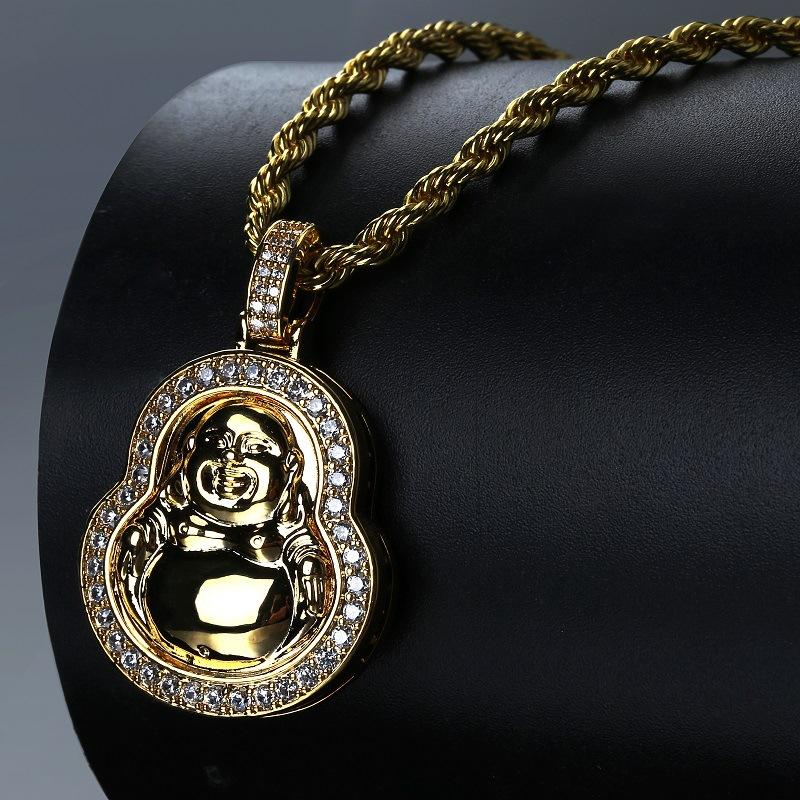 

Pendant Necklaces Gold Color Copper Maitreya Buddha Pendants For Men Hip Hop CZ Crystal Bling Out Individuality Rapper Jewelry