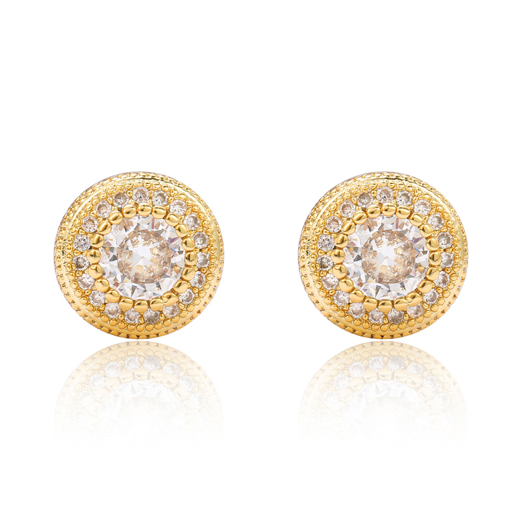 

Hip Hop Round Button CZ Stud Earrings for Men Women 3d Side Simulated Jewelry, Golden;silver