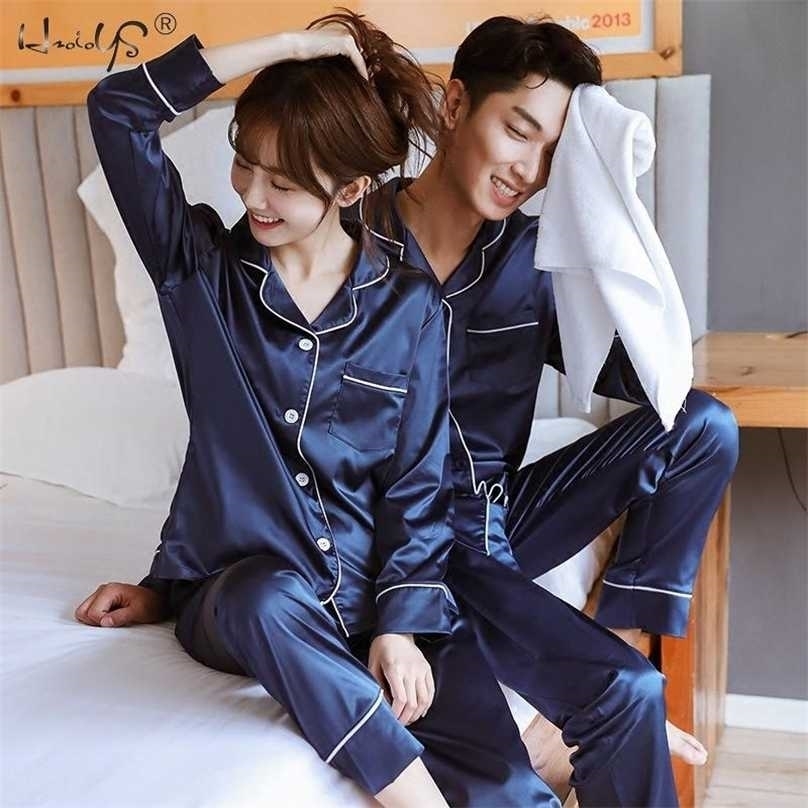 

Couple Sleepwear Silk Satin Pajamas Set Long and Short Button-Down Pyjamas Suit Pijama Women Men Loungewear Plus Size Pj 211109, Kstw navy