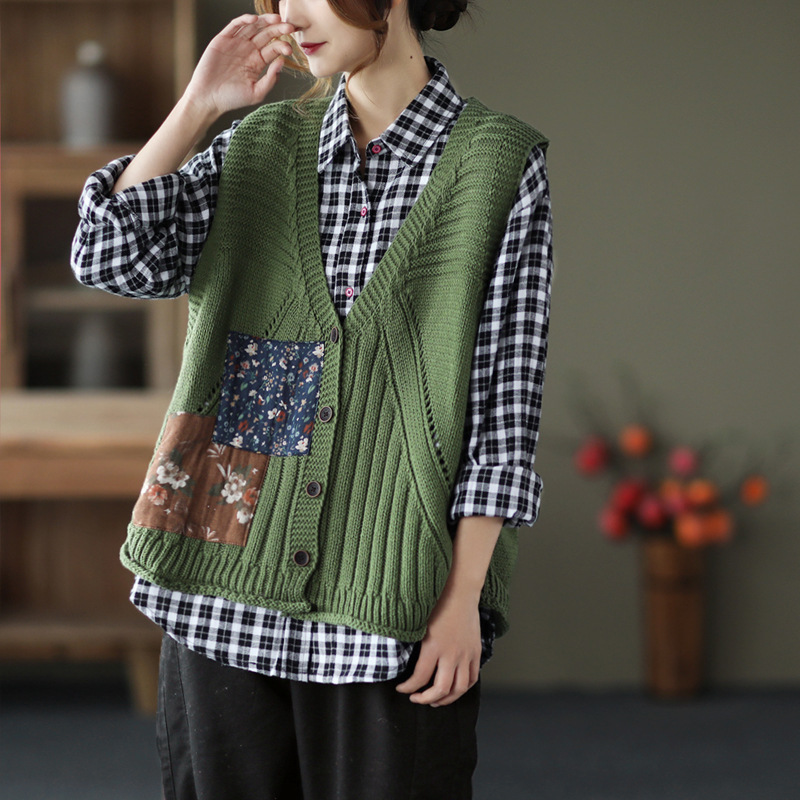 

Johnature Women Knitted Sweaters Vests Vintage V-Neck Sleeveless Patchwork Spring Button Chinese Style Sweet Sweaters 210521, Black