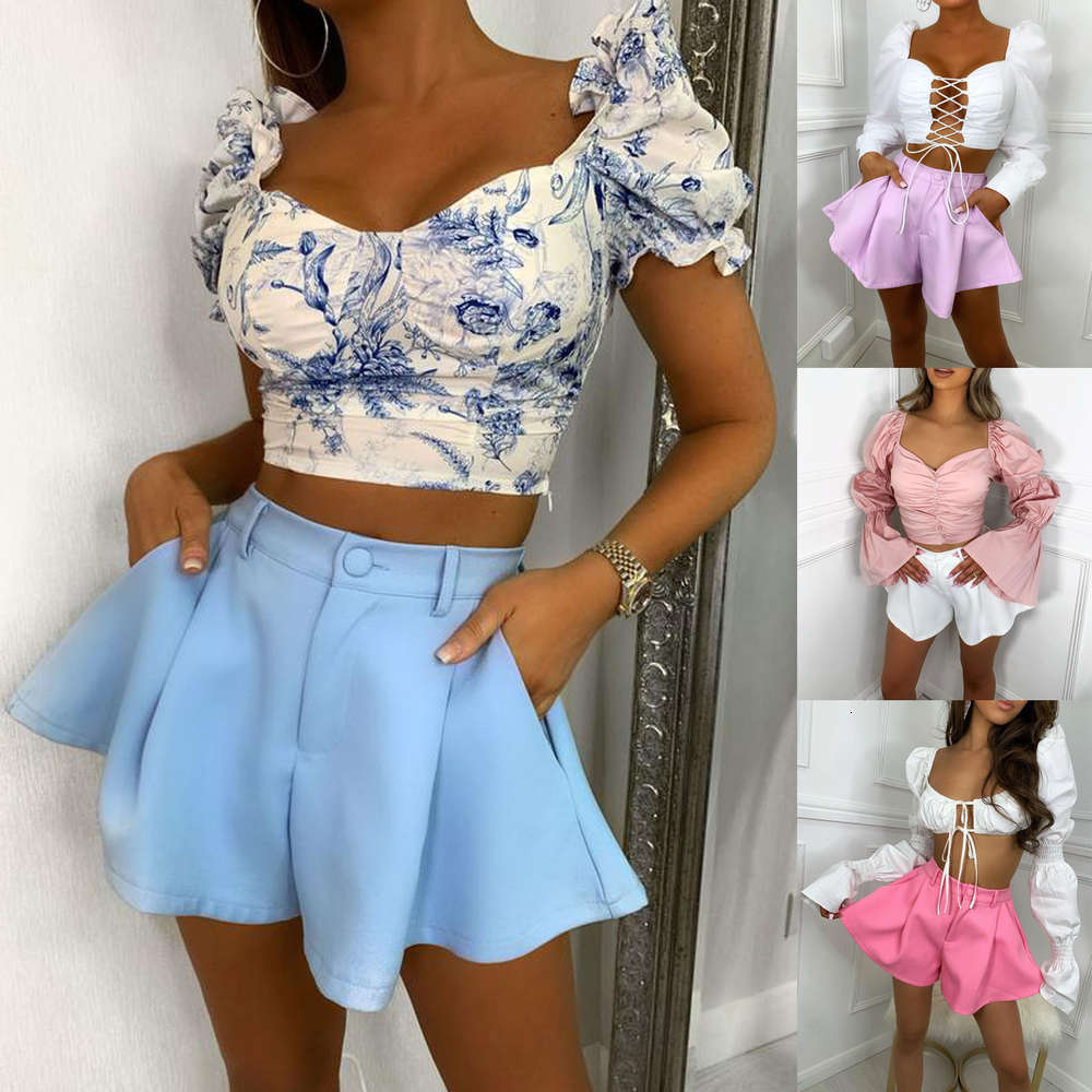 

2021 women summer short pants, solid color high-waist busins flared shorts with pockets for girls, 4 colors, White;black