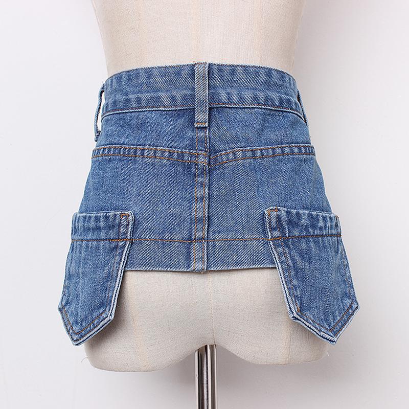 

Belts [EAM] 2021 Spring Summer Denim Personality Split Joint Irreguar Button Wide Belt Women Fashion Tide All-match JR896, Blue