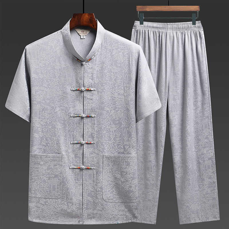 

men's Tang suit Hanfu silk ice summer thin home clothes, Yellow