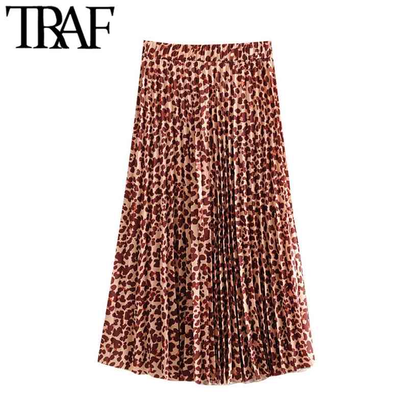 

TRAF Women Chic Fashion Leopard Print Pleated Midi Skirt Vintage High Elastic Waist Animal Pattern Female Skirts Mujer 210629, As picture