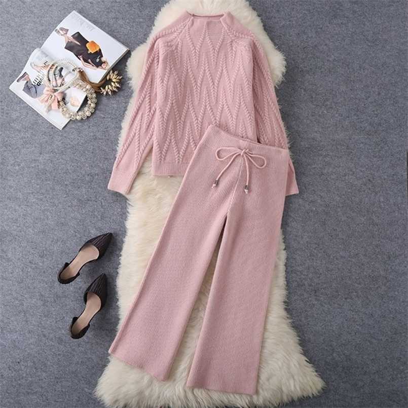 

High-quality Autumn Winter Knitted 2 Piece Set Women's Thick Warm Casual Pullover Sweaters+Wide Leg Pants Tracksuits Outfits 211109, Khaki