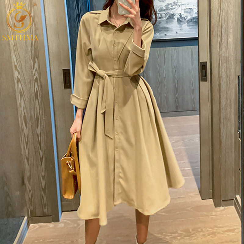 

Female Vintage Turndown Collar Long Dress Women Spring Temperament Mid-Length Lace-Up Vestidos 210520, Photo color
