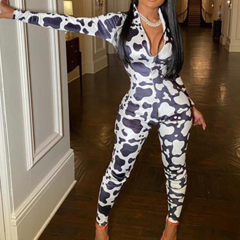 

Women' Jumpsuits & Rompers Fashion Women Cow Pattern Print Patchwork Jumpsuit Deep V-neck Long Sleeve Zip Up Club One Piece Streetwear, Black