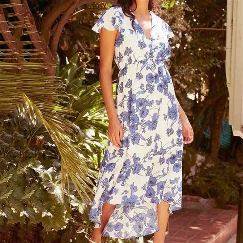 

women print long dress summer v-neck Printed flying sleeves front short back fashion female 210524, Blue
