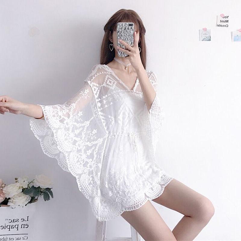

Women's Jackets Sun Protection Clothing White Hollow Out Bat Sleeve Flared Sleeves Ladies Jacket Lace Loose Female Top