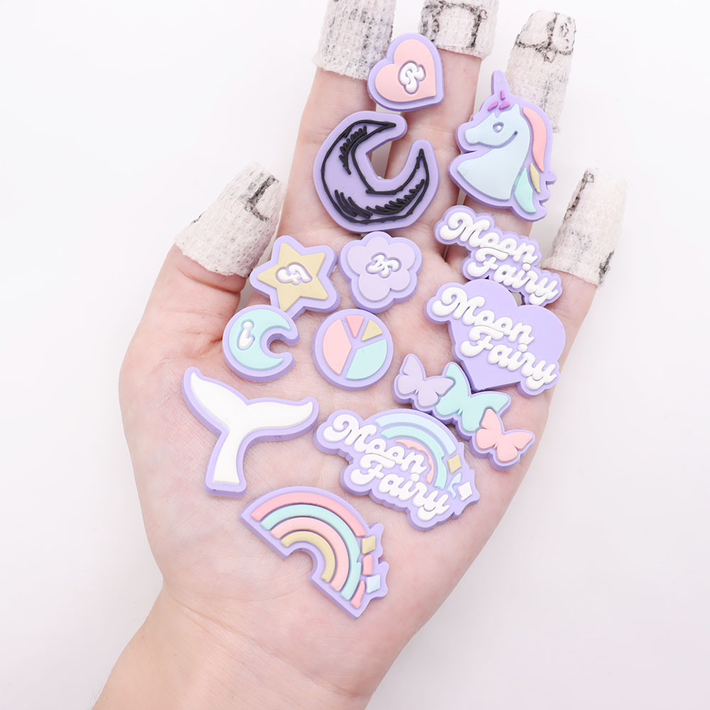 

50Pcs Rainbow Unicorn Star Moon PVC Garden Shoes Charms Buckle Clog Accessories DIY Croc Jibz Shoe Decoration Sandals Ornament for child children