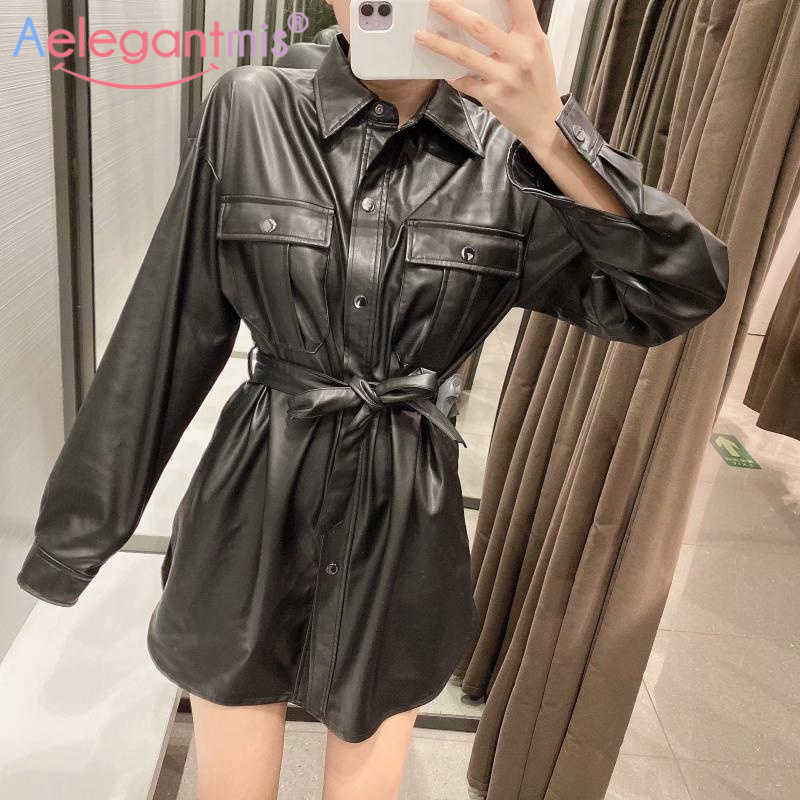 

Aelegantmis Woman Slim Pu Jakcet Coat Vintage High Quality Sashes Motor Biker Jacket Women Korean Faux Leather Chic 210607, Black