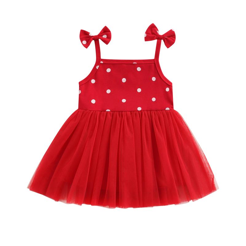 

Girl's Dresses Elegant Little Girl Princess Dress Dots Printed Bow Knot Square Neck Sleeveless Tops Solid Color Yarn Skirt Children's Clothi, Red;yellow