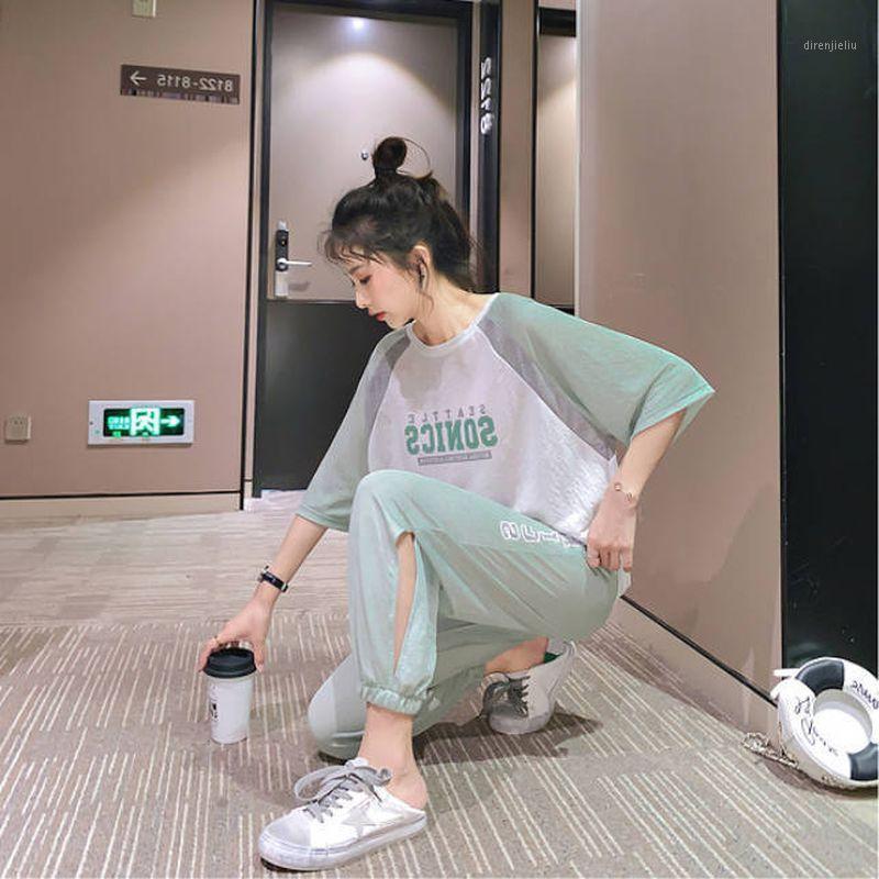 

Running Sets 2021 Summer Women's Tracksuit Casual Sportswear Middle Sleeve Tops Student Korean Fashion Stitching Printing 2 Pieces, Black;blue