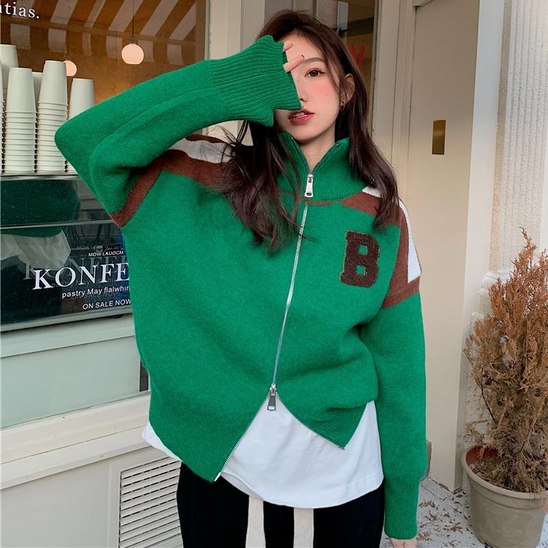 

Women's Jackets 2021 Autumn Winter Korean Fashion Retro Commute Wild High Neck Letter Printing Stitching Design Zipper Knit Sweater Jacket, Black;brown