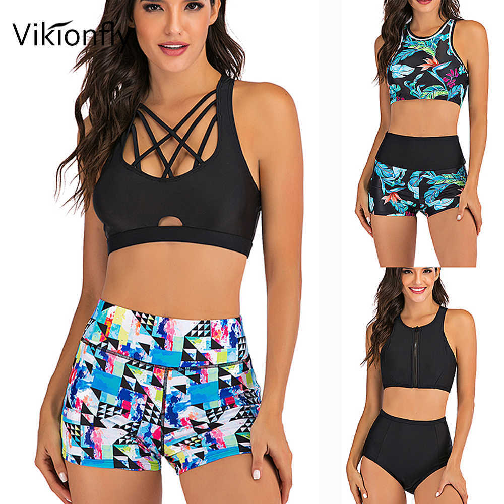 Vikionfly High Waist Bikini Set With Shorts Swimsuit Women Print Sport Swim Gym Push Up Swimwear Bathing Suit Plus Size XXL T200713-image-555520630