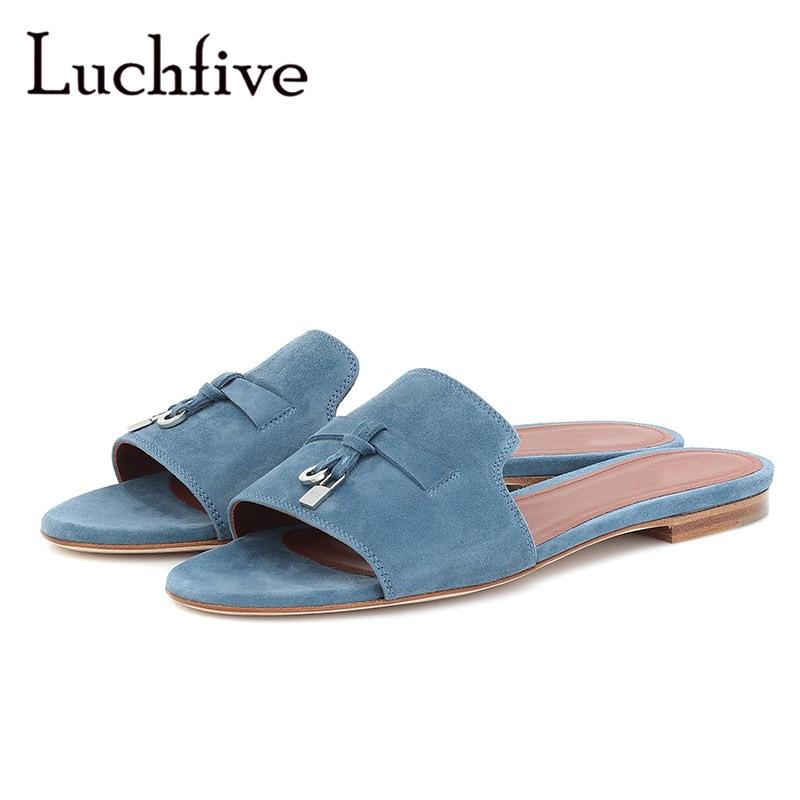 

Slippers Suede Blue Leather Mules Flat Heel Round Toe Slip-on Loafers Shoes Ladies Metal Decor Fringed Casual Women, Beige