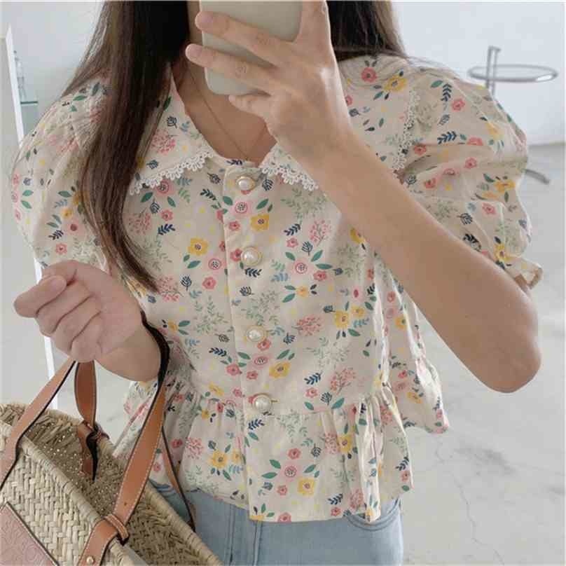 

Summer French Romantic Floral Shirts Vintage Streetwear Femme Printing Peter Pan Collar Puff Sleeve Blouses 210525, Photo color
