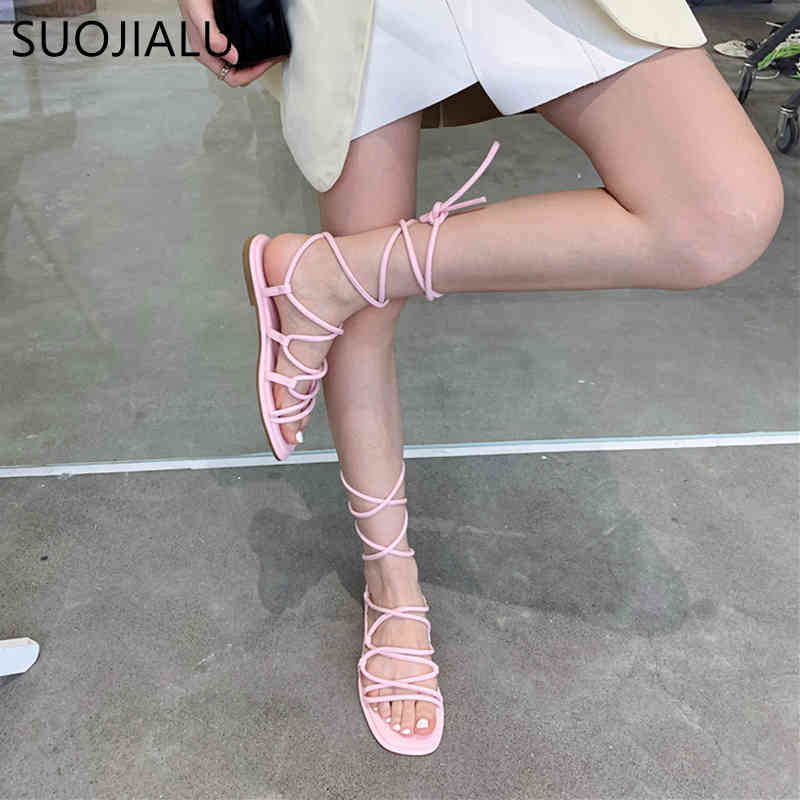 

SUOJIALUN New Fashion Women Sandals Flat Heel Back Strap Lace Up Sandal Fashion Narrow Band Gladiator Casual Shoes zapatos mujer K78, Black