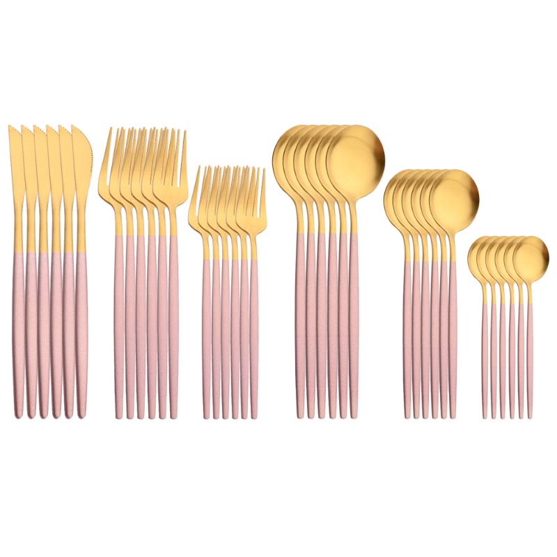 

Dinnerware Sets 6Set Pink Gold Matte Stainless Steel Set Cutlery Spoon Dessert Fork Knife Western Silverware Tableware