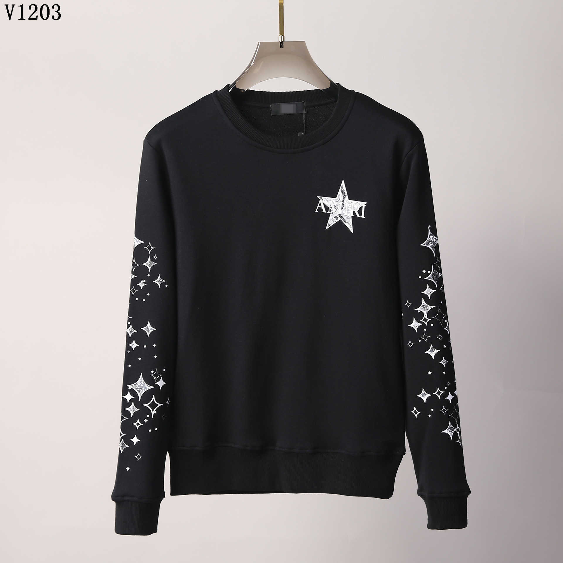 

2021 men's Korean fashion trendy men high street trendy men amirs personality five-star printing round neck sweater men, Black