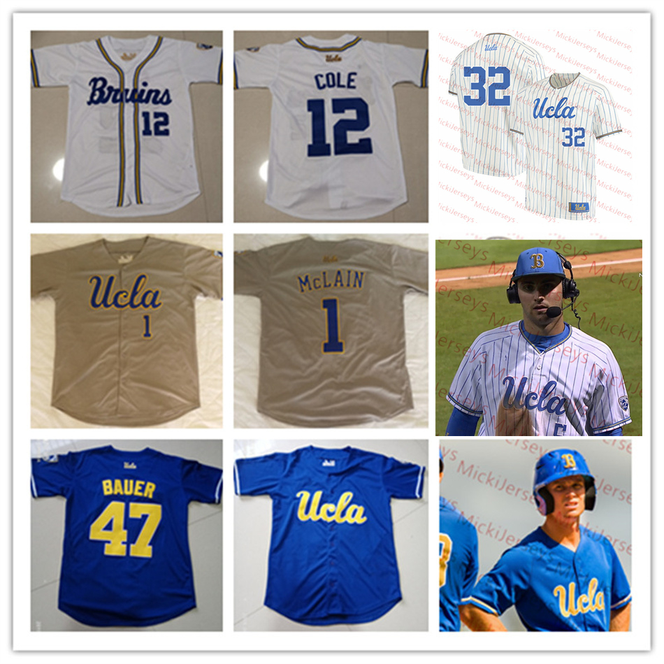 

Custom UCLA Baseball Stitched Jersey 27 Chase Utley 32 42 Jackie Robinson 8 Brandon Crawford, 12 Gerrit Cole 47 Trevor Bauer 1 Matt McLain 7 Toglia 3 Ryan Kreidler, Blue
