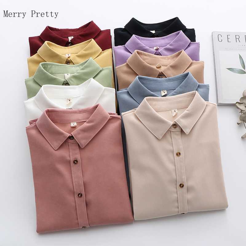

Solid Single Breasted Casual Shirt Women Summer Vintage Full Sleeve Turndown Collar Blouse Ladeis Basic 10 Style Cotton Top 210526, Color 1