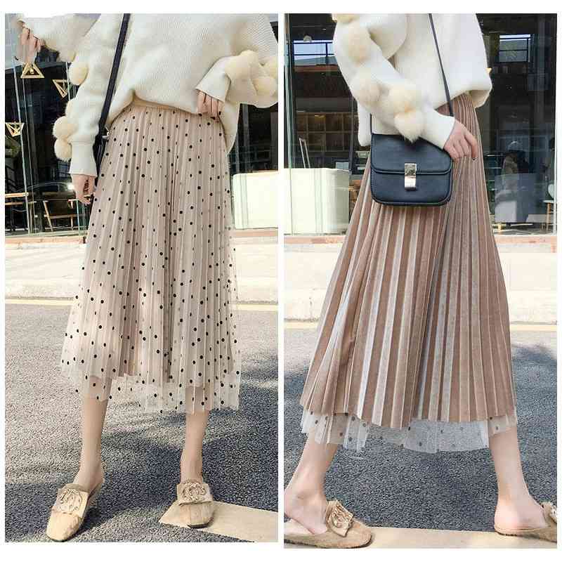

Spring High Waist Long Skirts Polka Dot Pleated Velvet Women's Maxi Women Fashion School Jupe 210603, Coffee