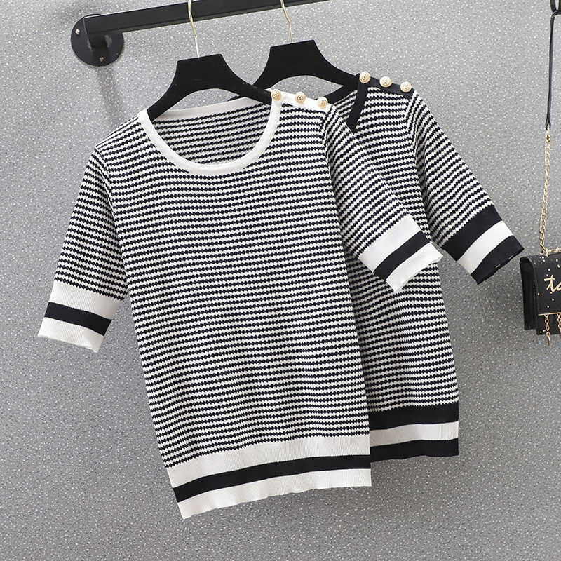 

plus size women vintage Stripe kint sweater pullover short sleeve o neck Summer thin basic chic Oversized sweater shirt 210604, Black