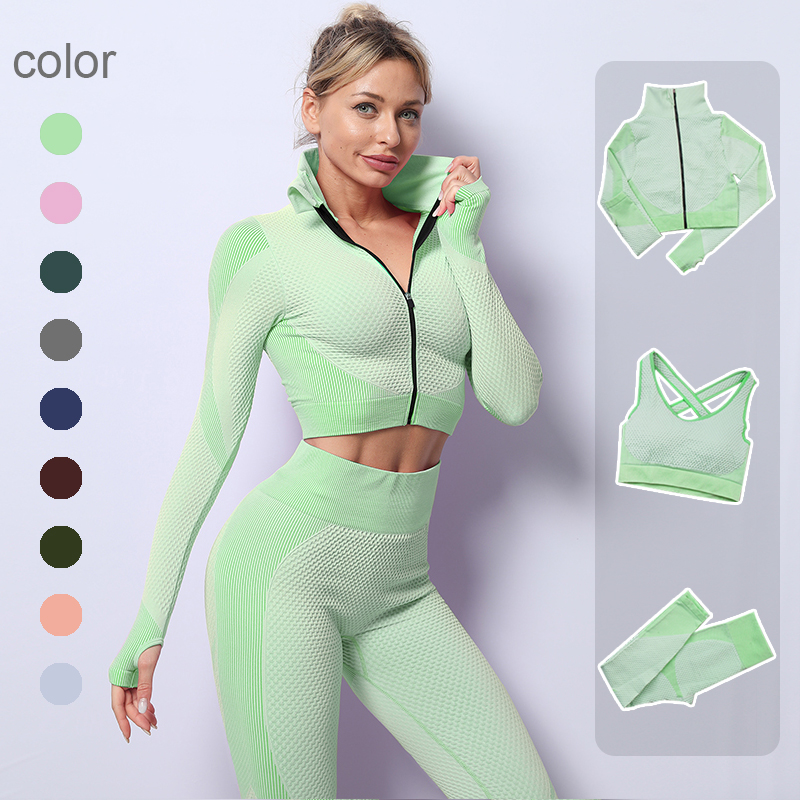 

2/3PCS Seamless Women Yoga Set Workout Sportswear Gym Clothing Fitness Long Sleeve Crop Top High Waist Leggings Sports Suits, As shown