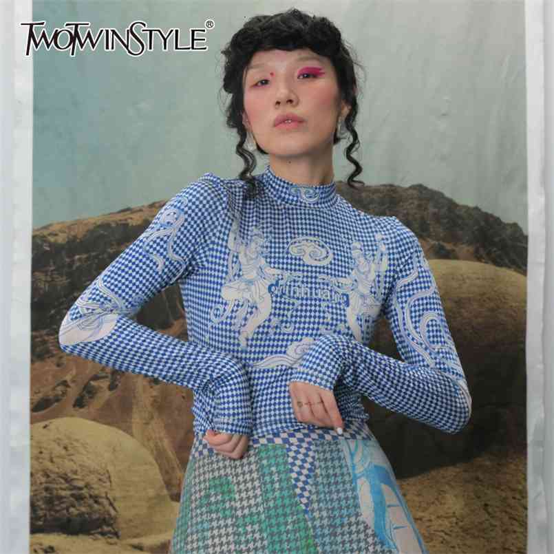 

TWOTWINSTYLE Plaid Print Cartoon T Shirt For Women Turtleneck Long Sleeve Slim Fit T-shirt Female Autumn Fashion 210708, As picture