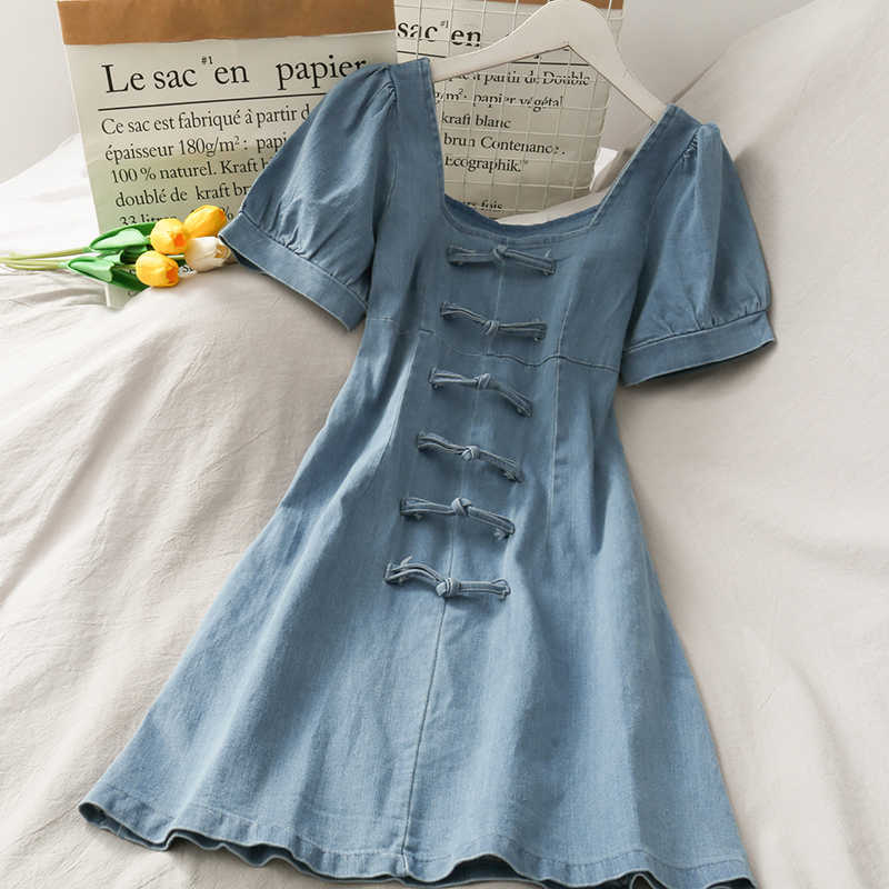 

LY VAREY LIN Summer Women Puff Sleeve Square Collar Denim Dress Bow Elegant High Waist Slim Midi A-line Ladies Dresses 210526, Dark blue