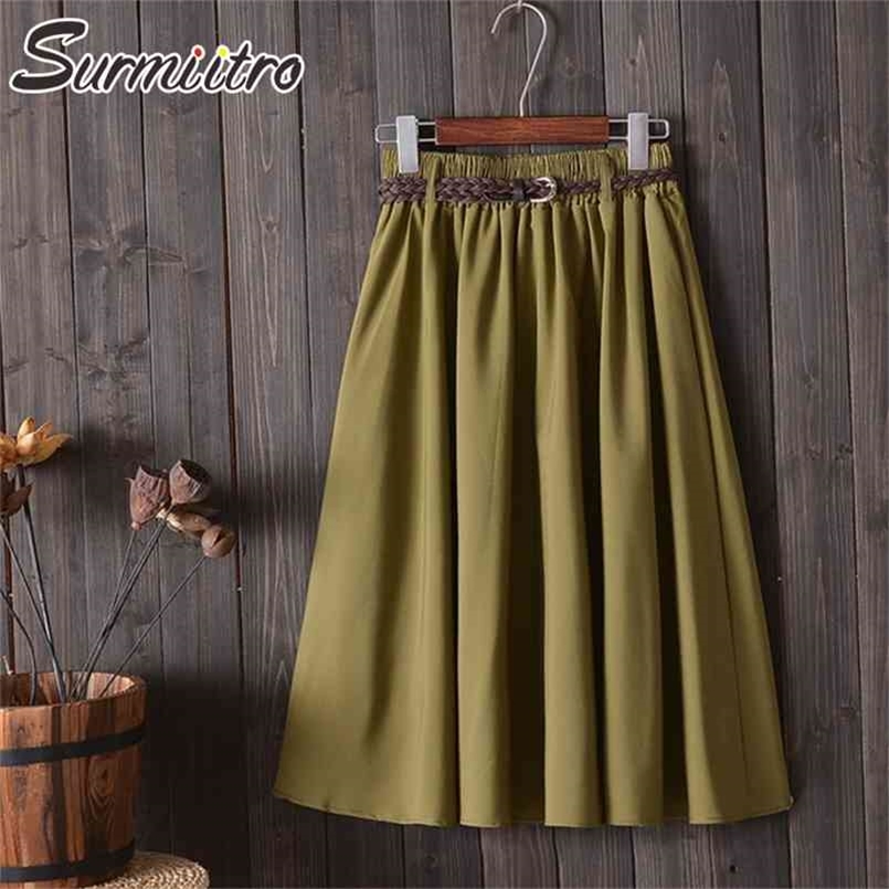 

Surmiitro Knee Length Midi Summer Skirt Women With Belt Korean Ladies Blue Black Red High Waist Pleated School Female 210702