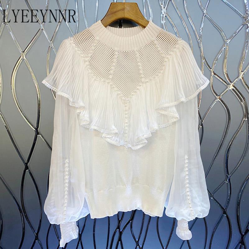 

women's blouses & shirts lyeeynnr beading decoration long sleeve blouse women ruffle patchwork cut out elegant korean fashion o neck, White