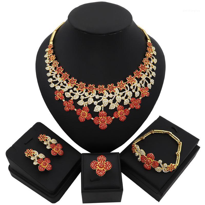 

Luxury Wedding Jewelry Sets For Bride Dubai Gold Color Set Women Crystal Necklace Earrings Ring Bracelet, Silver