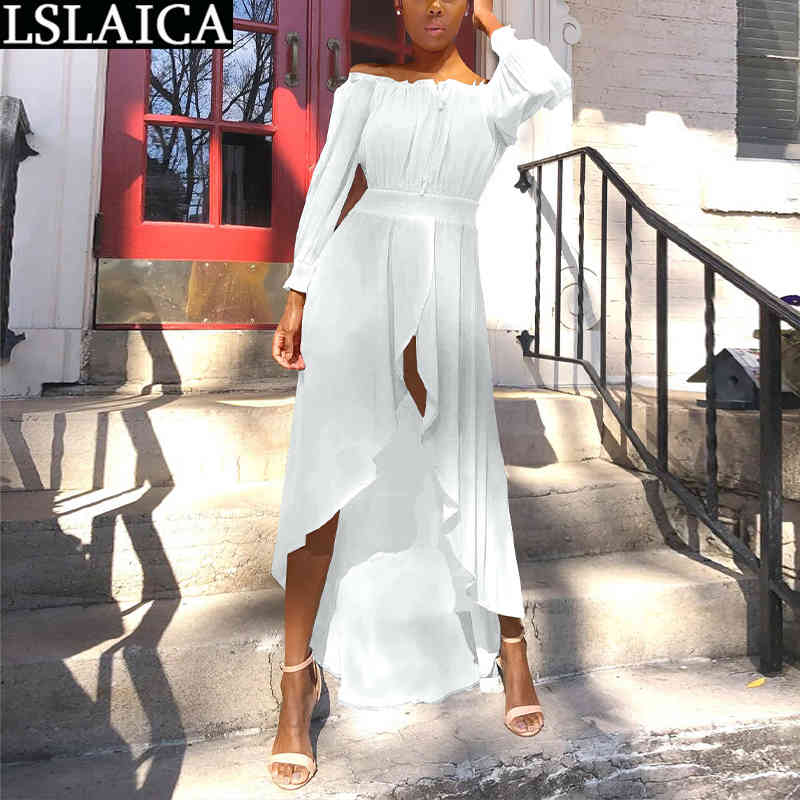 

Plus Size Dresses Long Sleeve Off The Shoulder Elastic Waist Fashion Light Casual Dress Lrregular Hem Beach Style Holiday Robe 210520, Yellow