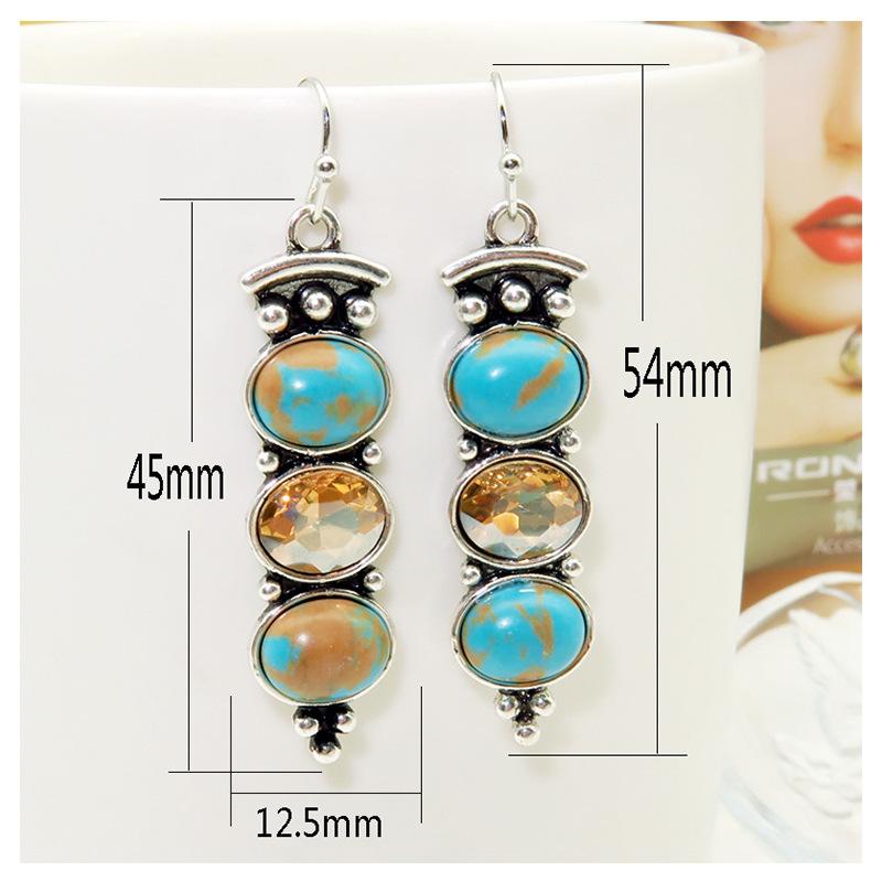 Boucles d'oreilles collier Vintage couleur argent Turquoises naturelles goutte longue boucle d'oreille ethnique cristal balancent pour les femmes
