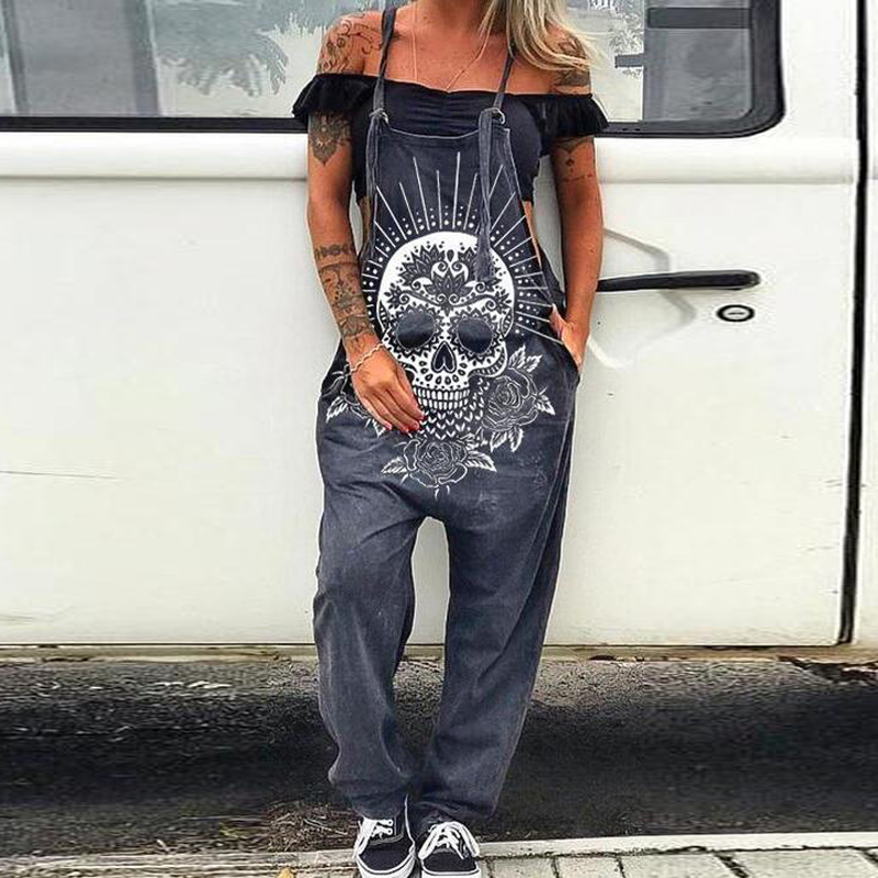 

20212021 fashion punk skull print jumpsuit summer casual pocket overalls bodysuit women sleeveless strappy loose romper playsuit 3xl, Black;white