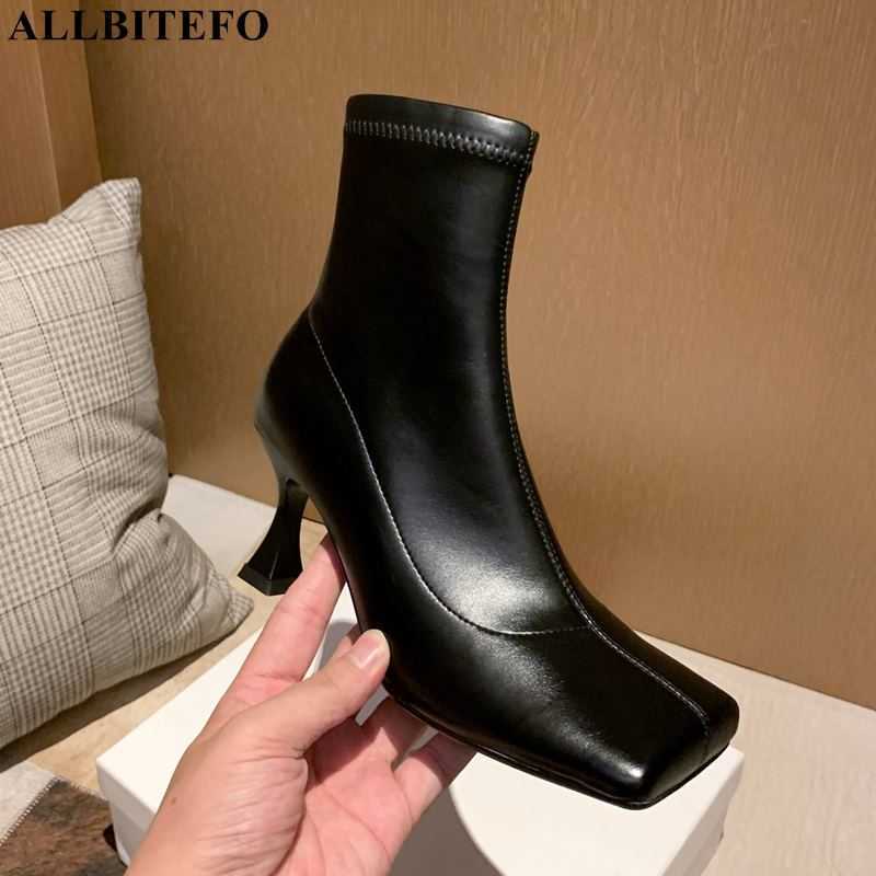 

ALLBITEFO square toe genuine leather+pu high heels women boots winter snow women anke boots for women office ladies shoes 210611, As picture